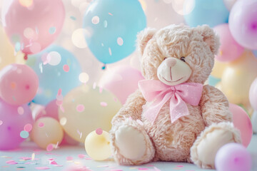 cute teddy bear with pink bow sitting on the floor, pastel colored balloons and confetti around