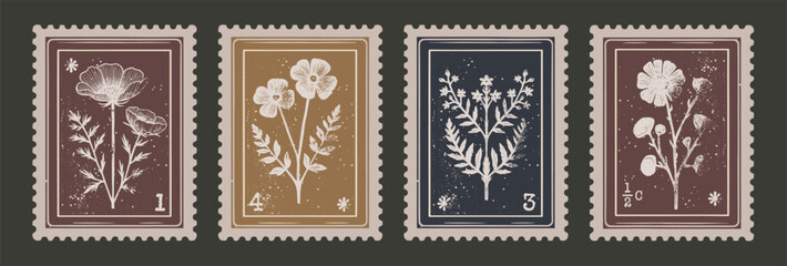Vintage Botanical Postage Stamp Set. Old Floral Scrapbooking Decor - obrazy, fototapety, plakaty