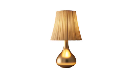 A golden table lamp with a fabric shade on a white background