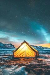 Auroras Illuminate the Winter Night Sky Above a Lone Camping Tent