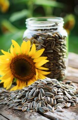 Sunflower Seeds Scattered on a Rustic Table With Sunflowers in Bloom - 788958421