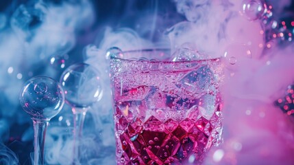 Close-up of a crystal glass with a pink alcoholic cocktail decorated with bubbles and smoke