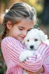 Young Girl Lovingly Embracing Her White Puppy Outdoors During Autumn - 788958439