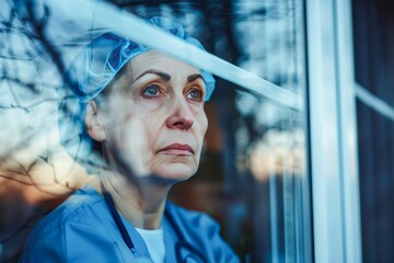 Pensive Medical Professional in Scrubs Looking Out a Window at Dusk - 788958478