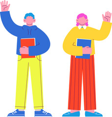 ファイルを抱えたメガネの男性と女性が手をあげて挨拶しているイラスト　白い背景に分離されたフラットなRGBのベクター素材