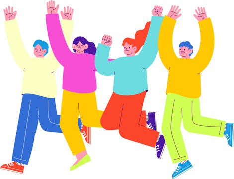 嬉しくてジャンプする男女4人のイラスト　白い背景に分離されたフラットなRGBのベクター素材