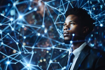 Contemplative Businessman Surrounded by Cosmic Constellations Signifying Innovation and Strategy - 788958829