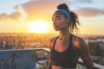 Pausing During Rooftop Workout at Sunset in Urban Setting - 788958861