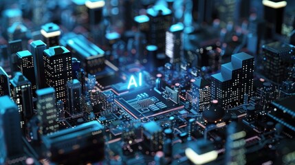 3D text "AI" on microscopic of computer chip circuit ,a futuristic city , highly detailed , stock photo