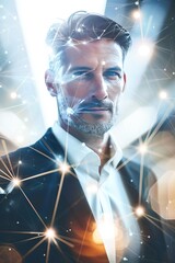 Contemplative Businessman Surrounded by Cosmic Constellations Signifying Innovation and Strategy - 788958887