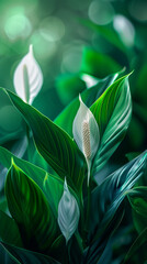leaves of Spathiphyllum cannifolium background. Green leaf banner and floral jungle pattern concept. abstract flower leaf texture.	