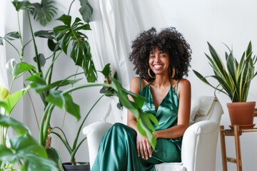Radiant Woman in Green Dress Laughing Among Indoor Plants in a Bright Room - 788959042
