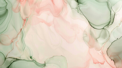 A fluid alcohol ink texture that beautifully combines blush pink and sage green, creating a soft and elegant abstract background.  - obrazy, fototapety, plakaty