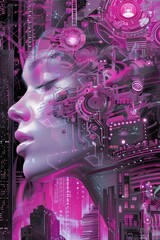 Digital Artwork of a Female Cyborg in Profile View Against a Pink Background - 788959235