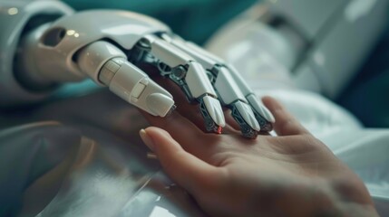 Close-up of a human hand gently cradling a robotic hand, evoking feelings of compassion and empathy towards artificial beings. 
