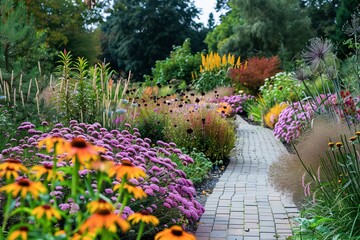 Vibrant Garden Walkway Bordered by Lush Flowerbeds on a Sunny Day - 788959402