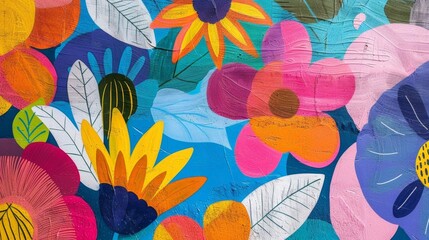 Closeup of a vibrant abstract mural painted directly onto the wall featuring lively floral and botanical motifs that blur the lines between indoors and out. .