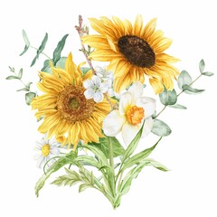 Sunflowers botanical composition on white, watercolor illustration 