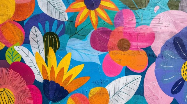Closeup of a vibrant abstract mural painted directly onto the wall featuring lively floral and botanical motifs that blur the lines between indoors and out. .