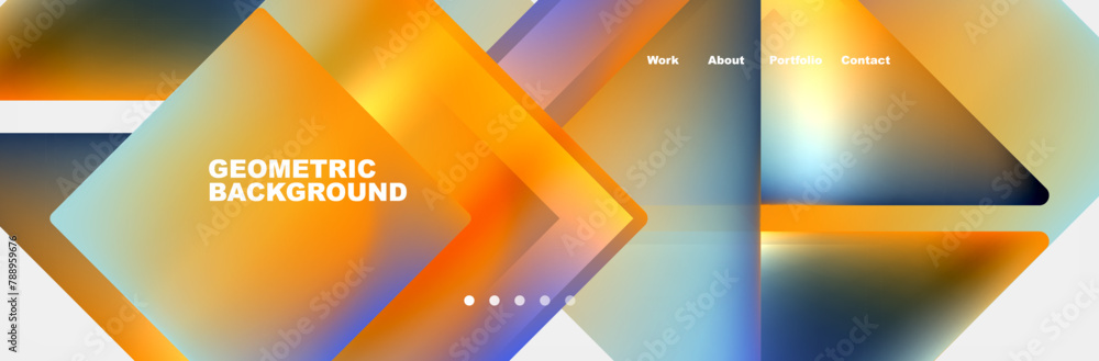 Poster a vibrant geometric background featuring colorful squares, triangles, and arrows in shades of amber,