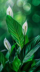 leaves of Spathiphyllum cannifolium background. Green leaf banner and floral jungle pattern concept. abstract flower leaf texture.	