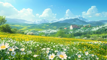 Spring countryside prairie flowers illustration poster background