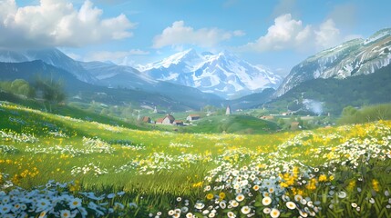Fototapeta na wymiar Spring countryside prairie flowers illustration poster background