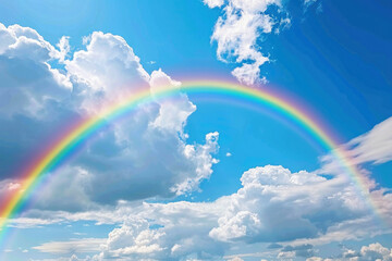 beautiful rainbow in the blue sky with white clouds. the concept of hope, love and joy. a panoramic view of nature in the background