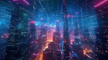 A digital image of a futuristic city with skyscrapers and glowing red and blue lights.

