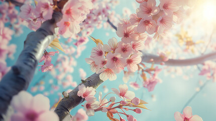 A branch of delicate pink cherry blossoms with a blurred background.


