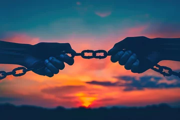 Foto op Plexiglas A pair of hands breaking through chains against a dramatic sunset backdrop, symbolizing the triumph of freedom and liberation. © Degimages