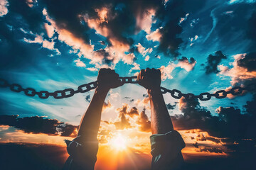 A pair of hands breaking through chains against a dramatic sunset backdrop, symbolizing the triumph of freedom and liberation. - obrazy, fototapety, plakaty