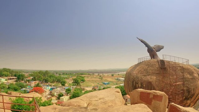 Sculpture of Jatayu (Eagle of Ramayana) with wings spread on huge rock at Lepakshi in Andhra Pradesh, India. Asia