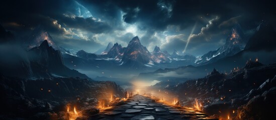Fantasy landscape with mountain peak and road.