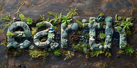The word earth in eco-friendly succulent lettering, green moss, nature inspired decor letters in botanical wooden background