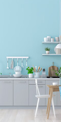 Elegant kitchen interiors in pastel blue tones with a modern minimalist style. Interiors composition.