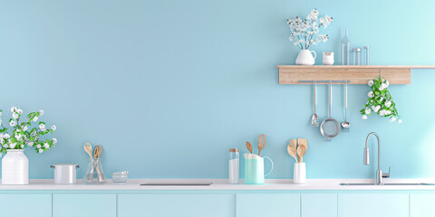 Elegant kitchen interiors in pastel blue tones with a modern minimalist style. Interiors composition.