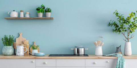 Elegant kitchen interiors in pastel blue tones with a modern minimalist style. Interiors composition.