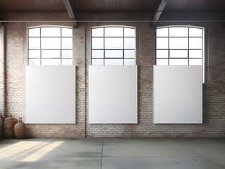 Empty wooden picture frames or mock-up frames hang for decoration on an orange brick wall with furniture and a large glass window.