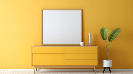 Empty wooden picture frame or mockup frame hanging for decorative pictures on the yellow wall with furniture and small plant pot