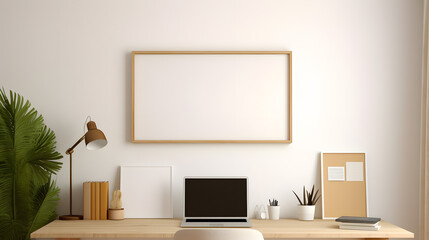 Mockup frame for decorative pictures on the wall; interior design featuring furniture, small plant pot, table lamp in cozy room.