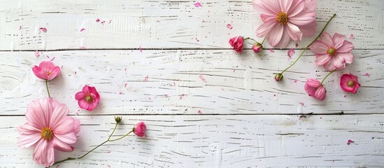 Pink flowers on a white wooden surface with a flat lay arrangement, viewed from the top with space for text.