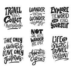 Fototapeta premium A collection of written travel and adventure phrases, slogans or quotes. Creative illustration in black and white colors