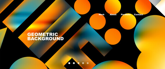 A vibrant geometric background featuring circles and squares in shades of orange, amber, and electric blue on a black backdrop. The pattern adds colorfulness and light to the design