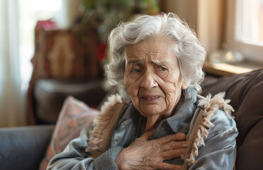 Elderly Woman Sitting on Couch Holding Chest