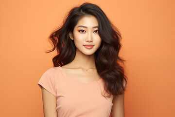 Fototapeta premium Portrait of a young Asian woman smiling and looking at the camera, against a peach background