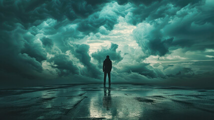 Man Standing in Middle of Large Body of Water Under Cloudy Sky