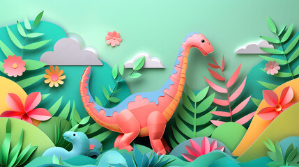 Fototapeta premium A creative paper art scene featuring a green dinosaur surrounded by a vibrant jungle with clouds and stars