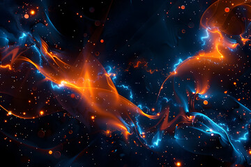Energetic neon galaxy illustration with orange and blue glowing celestial bodies. Exquisite abstract art on black.