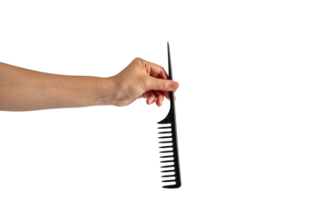 Black hair comb in hand isolated on transparent background